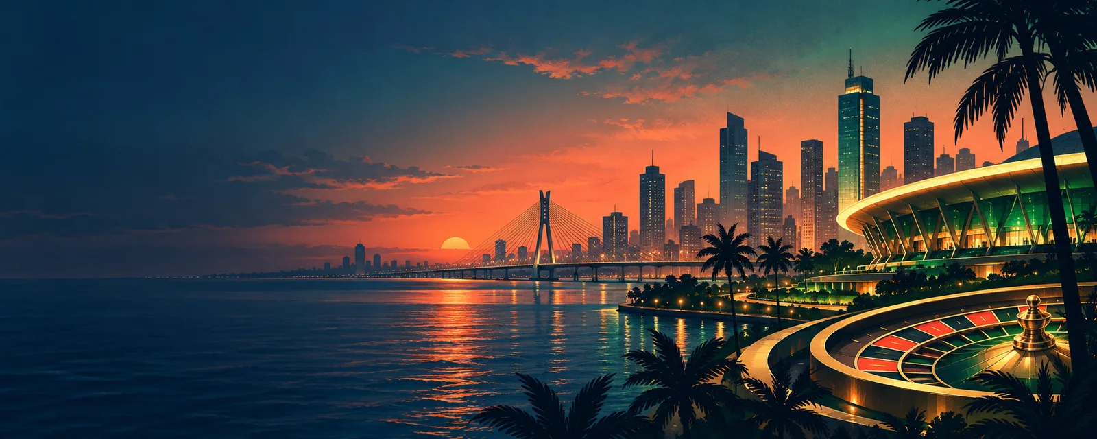 Original illustration of Lagos at dusk with a stylised roulette wheel beside a lit arena